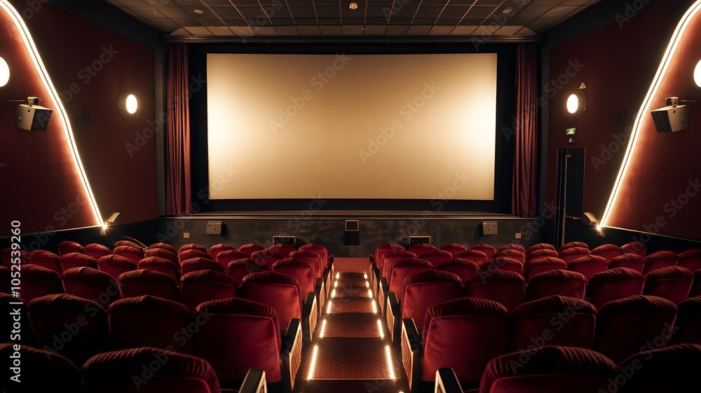 Obraz premium An empty cinema auditorium with rows of plush red seats. The cinema screen is large and blank, ready to display a movie. On the left, there's a set of speakers, and on the right, there's a door.
