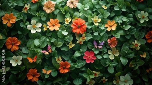Lush Green Foliage with Colorful Flowers and Butterflies
