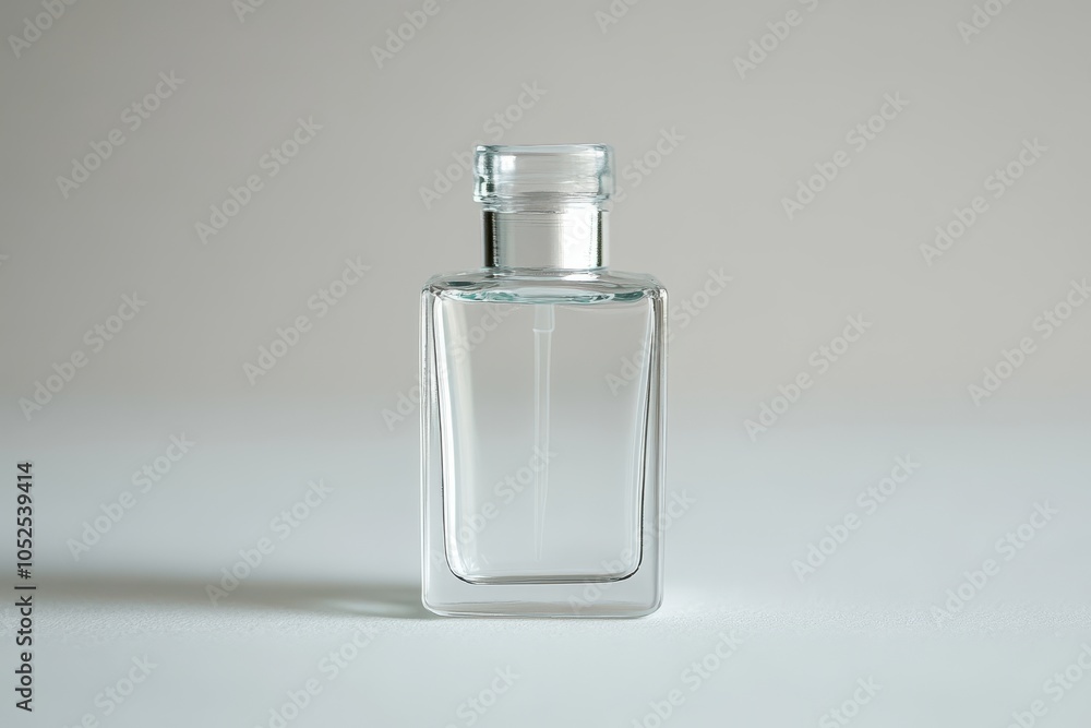 A clear glass bottle stands alone on a simple white surface in a minimalistic setup A clear glass bottle stands alone on a simple white surface in a minimalistic setup