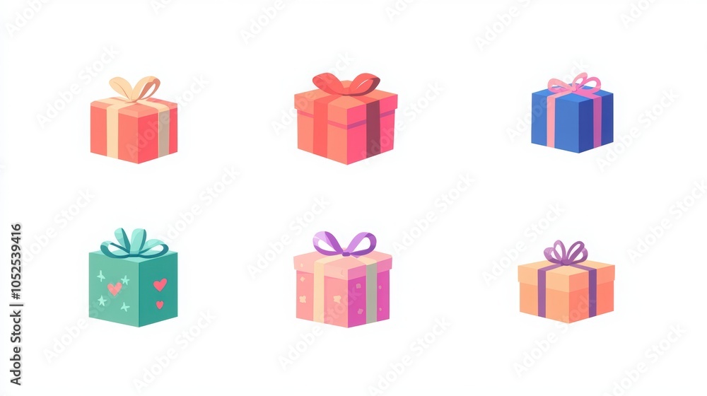 Set of gift boxes with ribbons and bows on a white background. The boxes in different colors and shapes, with colorful design elements. Confetti, fireworks, festive elements, celebratory concept. Set of gift boxes with ribbons and bows on a white background. The boxes in different colors and shapes, with colorful design elements. Confetti, fireworks, festive elements, celebratory concept.