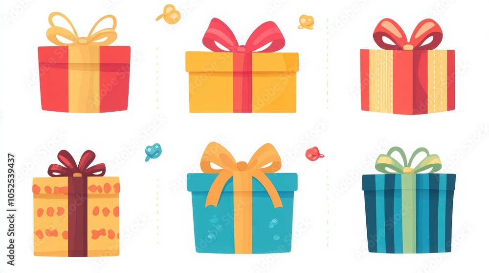 Set of gift boxes with ribbons and bows on a white background. The boxes in different colors and shapes, with colorful design elements. Confetti, fireworks, festive elements, celebratory concept. Set of gift boxes with ribbons and bows on a white background. The boxes in different colors and shapes, with colorful design elements. Confetti, fireworks, festive elements, celebratory concept.