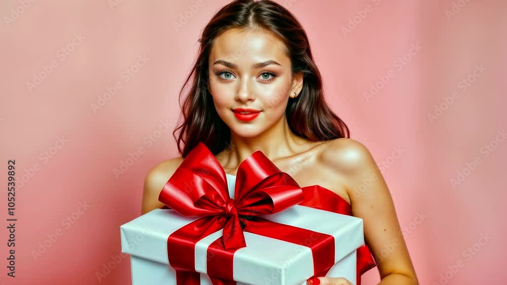 Beautiful and happy girl in New Year's outfit with gifts in her hands Beautiful and happy girl in New Year's outfit with gifts in her hands