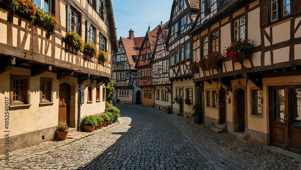 Fototapeta premium Traditional German architecture with half-timbered houses and cobblestone streets on a sunny day.