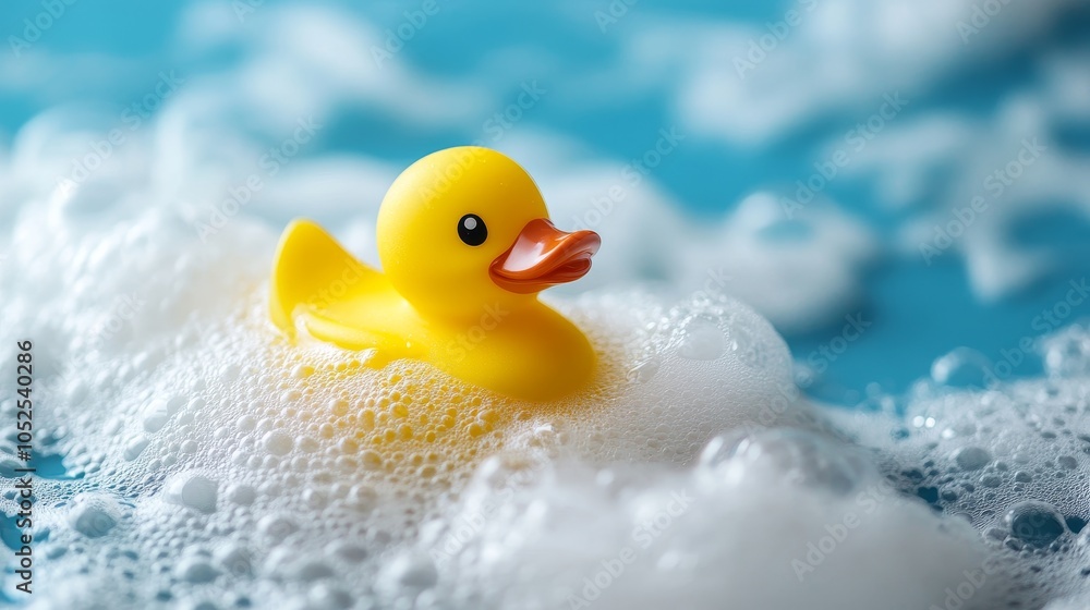 A cheerful yellow rubber duck floats among fluffy bubbles in a bathtub, capturing a playful and nostalgic atmosphere. The scene is bright and whimsical. A cheerful yellow rubber duck floats among fluffy bubbles in a bathtub, capturing a playful and nostalgic atmosphere. The scene is bright and whimsical.