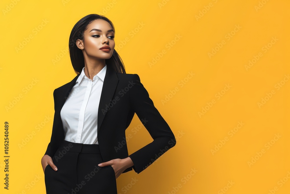 Confident young woman in a black suit poses against a bright yellow background in a stylish urban setting Confident young woman in a black suit poses against a bright yellow background in a stylish urban setting