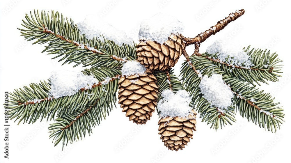 A delightful arrangement features lush green pine branches adorned with frosty snow-covered cones, evoking the magic of the winter season and holiday spirit. Perfect for festive inspiration A delightful arrangement features lush green pine branches adorned with frosty snow-covered cones, evoking the magic of the winter season and holiday spirit. Perfect for festive inspiration