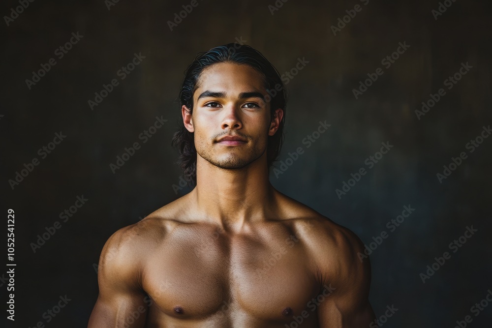 A young man with an athletic build poses confidently against a dark background in a striking portrait A young man with an athletic build poses confidently against a dark background in a striking portrait