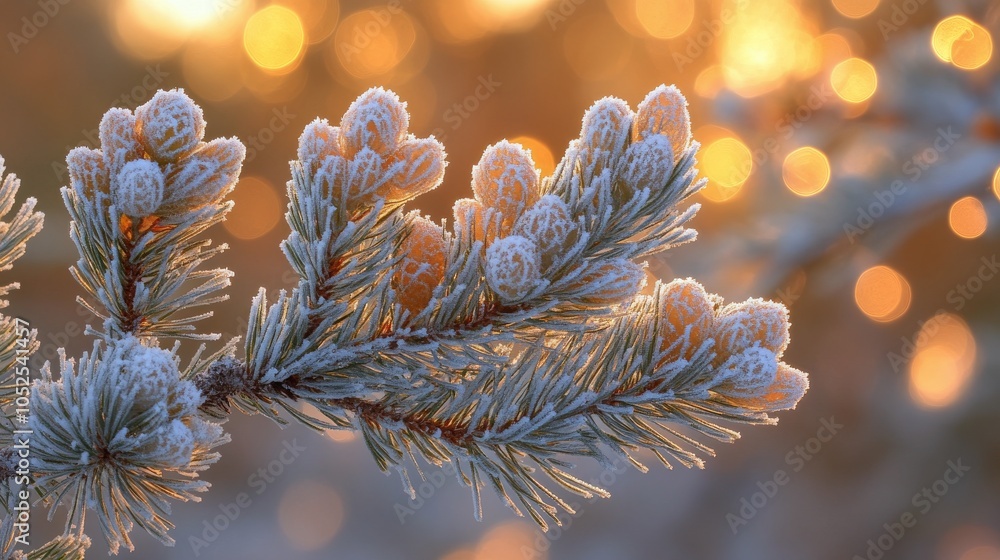 Frosted pine branch with warm sunset background capturing winters serene beauty Frosted pine branch with warm sunset background capturing winters serene beauty