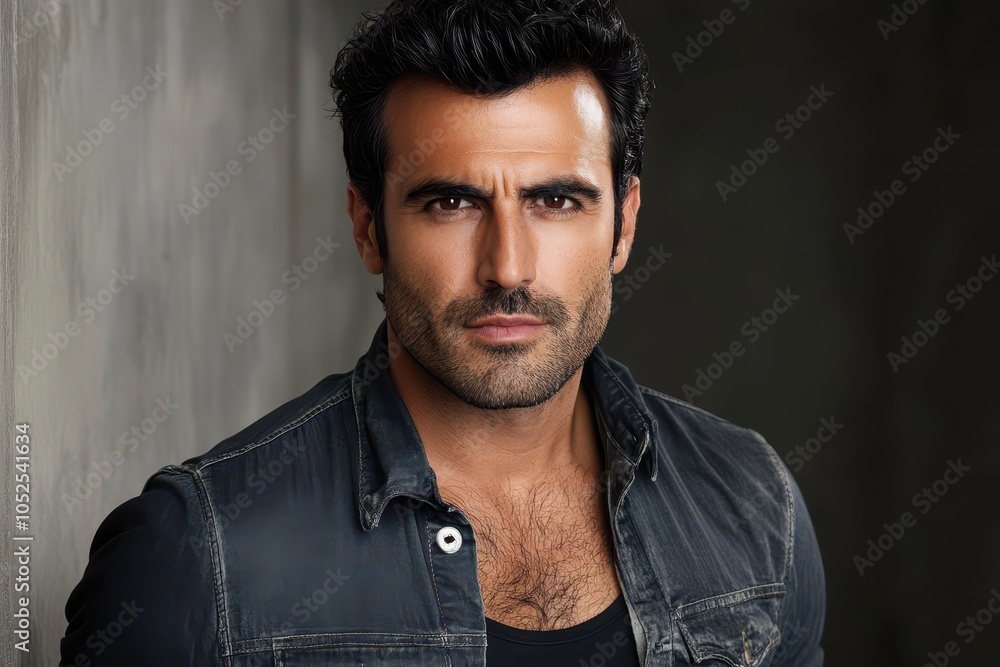 Obraz premium A confident male model poses against a textured wall wearing a casual black denim jacket in a studio setting