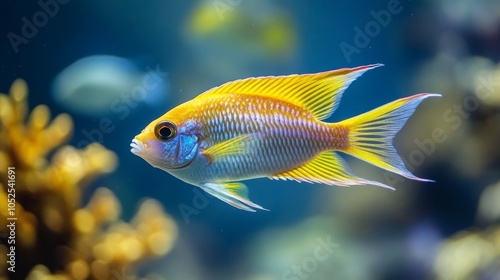 A vibrant and colorful tropical fish swims gracefully in a clear aquarium, displaying its distinctive patterns and fluttering fins amidst the calming aquatic setting.