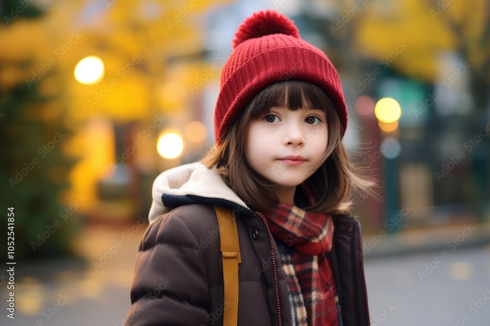 Outdoor portrait of cute little girl in red hat and coat looking at camera. Outdoor portrait of cute little girl in red hat and coat looking at camera.