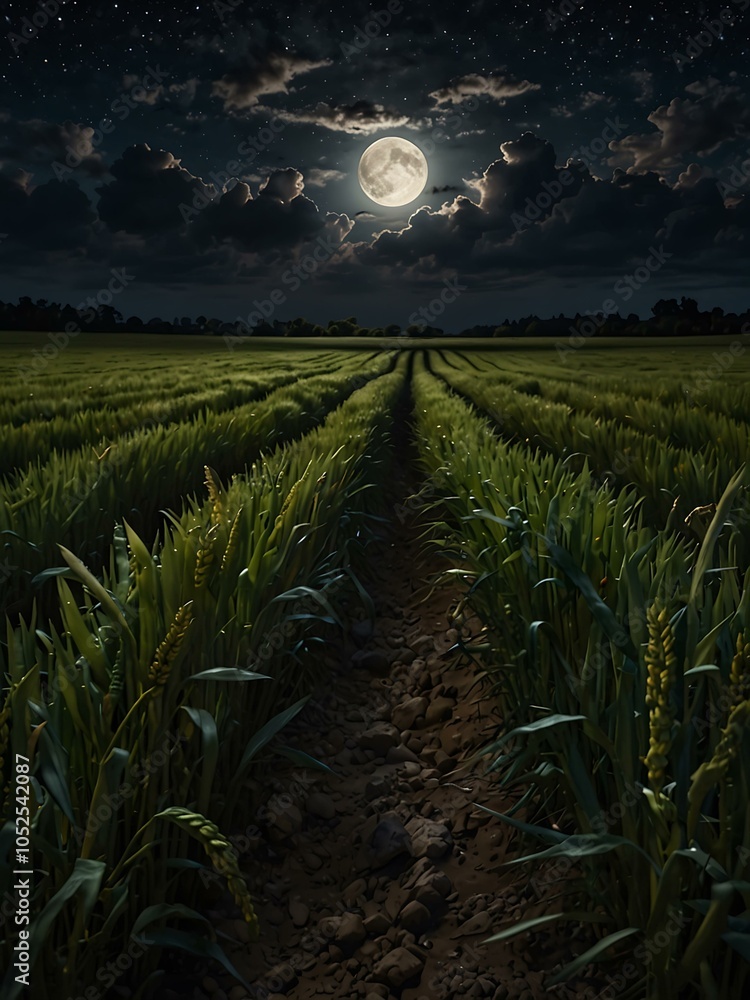 Naklejka premium Wheat field under moonlight on a peaceful summer night