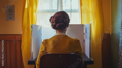 Wallpaper Mural A woman, dressed in a vintage style, sits at a voting booth bathed in warm yellow light, symbolizing empowerment and democratic participation. Torontodigital.ca