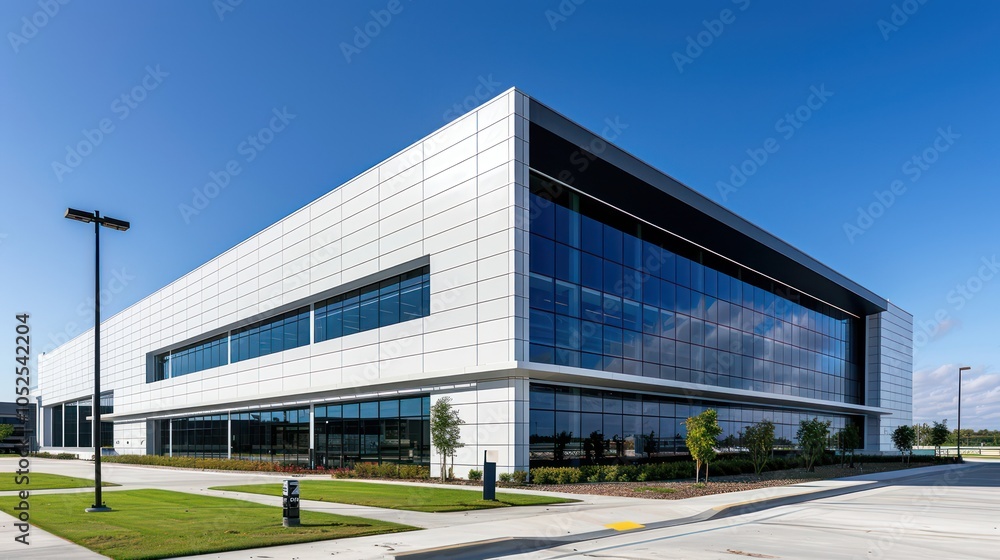 Modern commercial building with large glass windows and sleek design. Modern commercial building with large glass windows and sleek design.