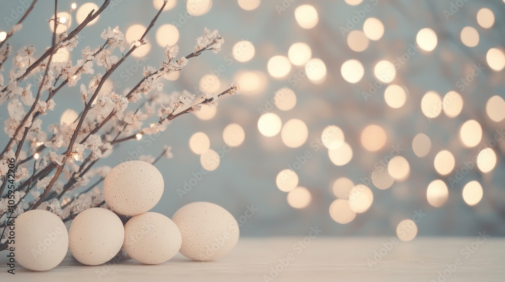 Soft spring arrangement with white eggs and delicate blossoms against a warm glowing backdrop Soft spring arrangement with white eggs and delicate blossoms against a warm glowing backdrop