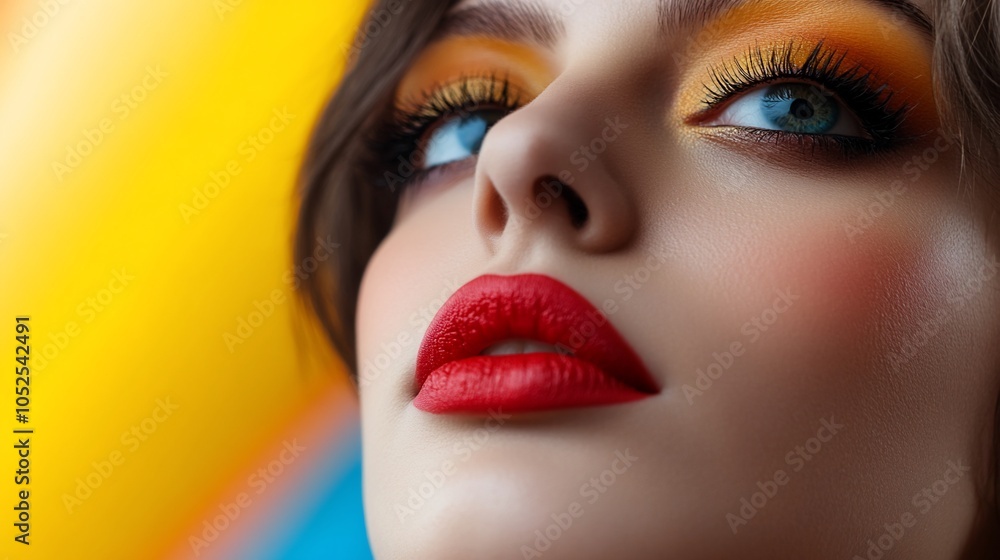 Close-up portrait of a woman with bright makeup and a colorful background. Close-up portrait of a woman with bright makeup and a colorful background.