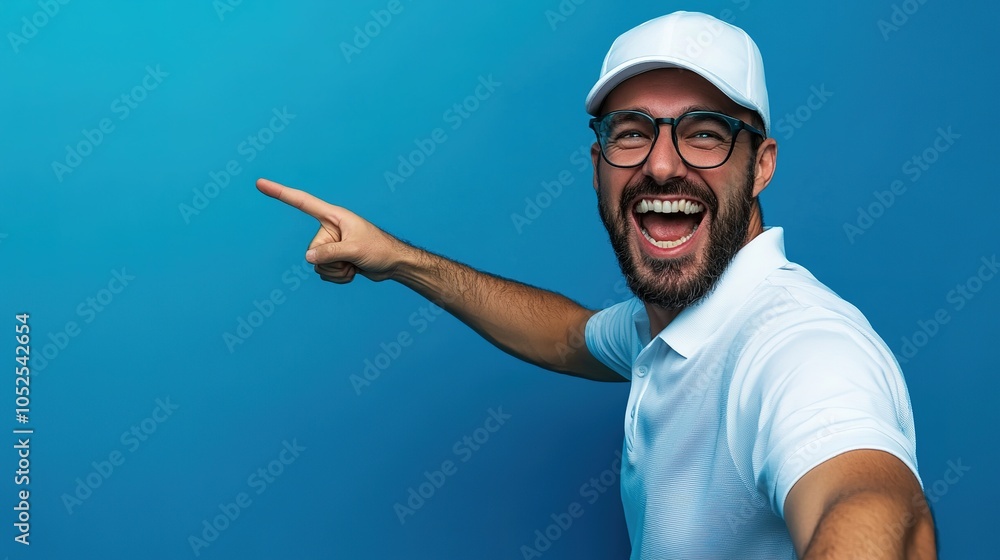 Enthusiastic golfer man with a cheerful expression, pointing forward with excitement, isolated on a blue background Enthusiastic golfer man with a cheerful expression, pointing forward with excitement, isolated on a blue background