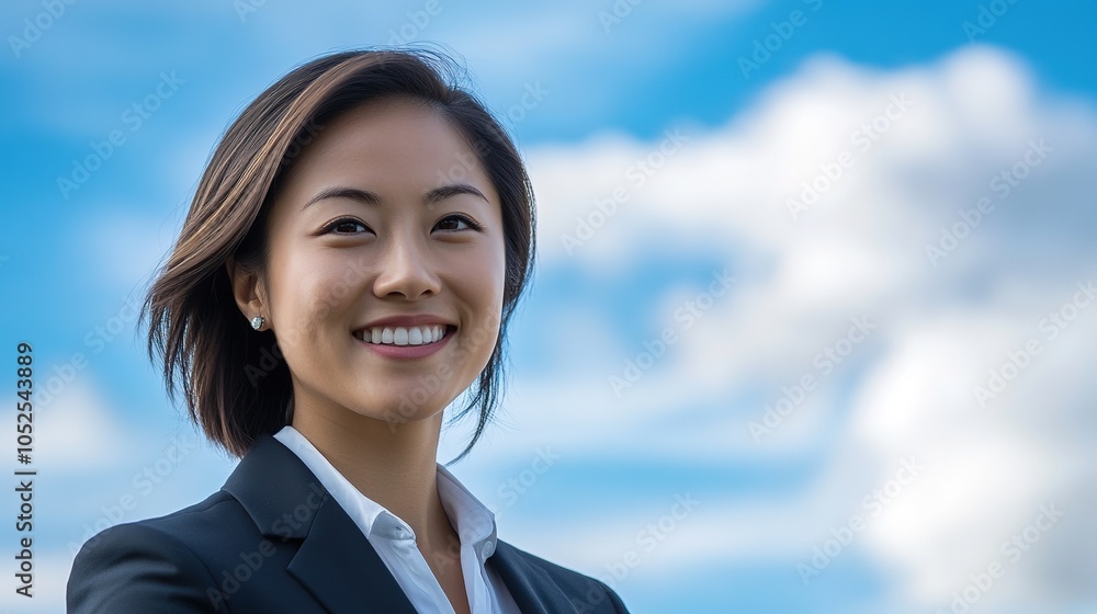 Close-up of a smiling Asian businesswoman looking ahead with a blue sky and soft clouds behind her, dressed in formal business attire Close-up of a smiling Asian businesswoman looking ahead with a blue sky and soft clouds behind her, dressed in formal business attire