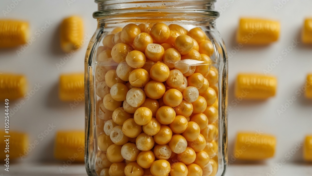 Yellow corn kernels in a clear jar on white background Yellow corn kernels in a clear jar on white background