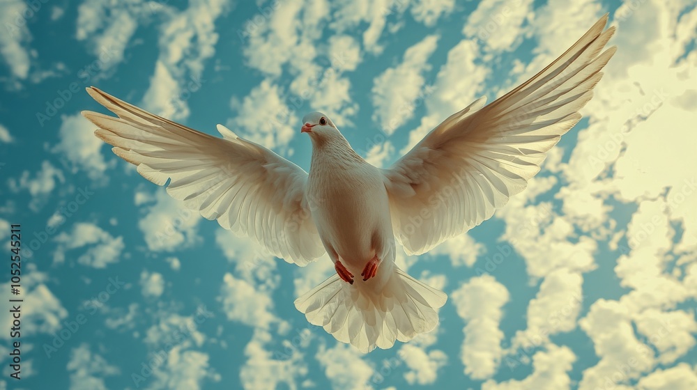 A graceful white dove soars through the blue sky surrounded by fluffy clouds during daylight A graceful white dove soars through the blue sky surrounded by fluffy clouds during daylight