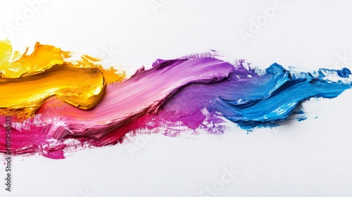 Abstract art featuring bold strokes of yellow, pink, purple, and blue oil paint creating a dynamic, flowing composition.   photo