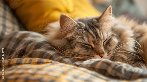 A serene and fluffy cat rests peacefully on a cozy patterned blanket, exuding warmth and comfort in a gentle light, emphasizing tranquility and restfulness. photo