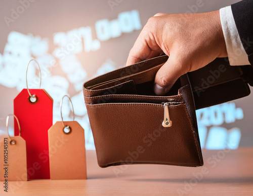 Empty wallet in front of rising price tags photo