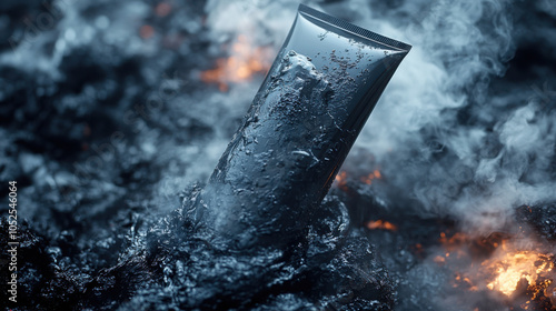 A black body lotion tube sits in the middle of a hot lava zone, but the periphery of the product freezes and cools off rapidly, and steam fumes rise around the ice. photo