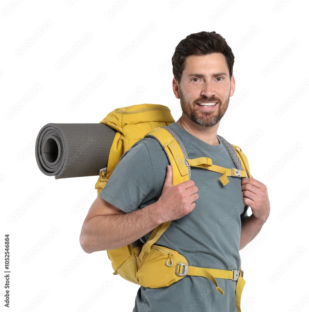 Happy man with backpack on white background. Active tourism Happy man with backpack on white background. Active tourism
