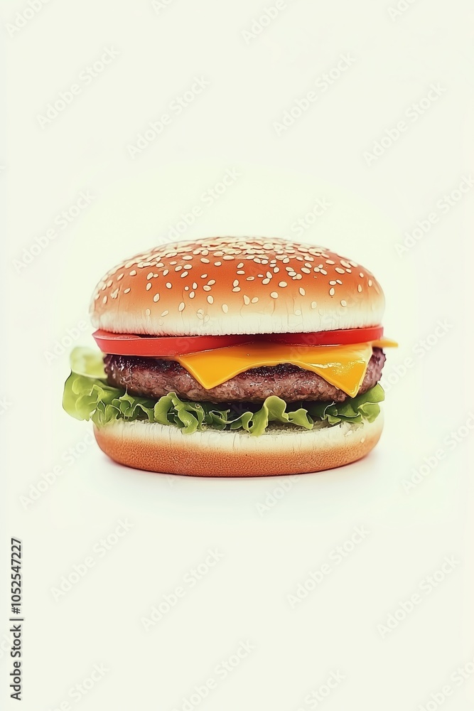 Juicy Cheeseburger With Fresh Lettuce, Tomatoes, and a Sesame Seed Bun Against a Plain Background Juicy Cheeseburger With Fresh Lettuce, Tomatoes, and a Sesame Seed Bun Against a Plain Background