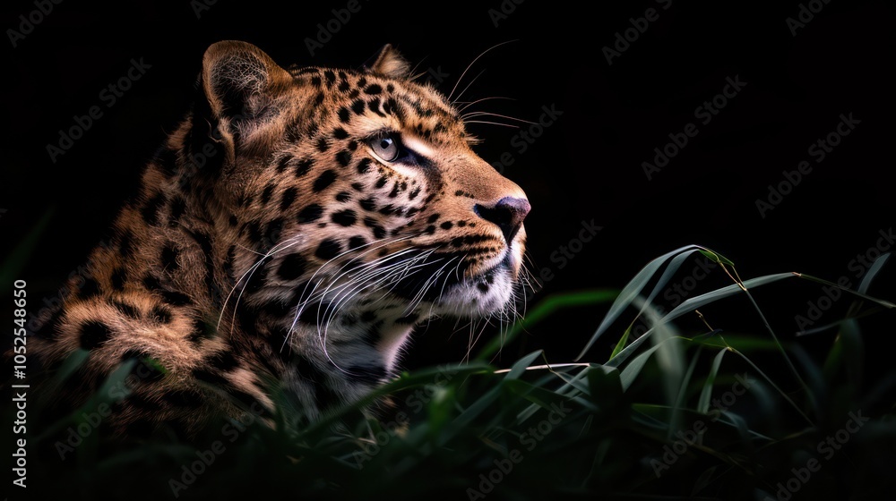 A close-up of a leopard's face, highlighting its striking features and natural habitat. A close-up of a leopard's face, highlighting its striking features and natural habitat.