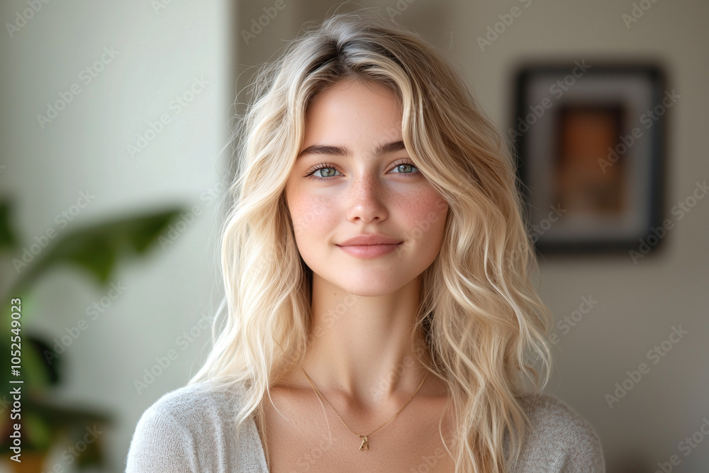 Young woman with wavy blonde hair and fair skin, smiling gently in a bright, cozy indoor setting, radiating warmth and natural beauty.
Young woman with wavy blonde hair and fair skin, smiling gently in a bright, cozy indoor setting, radiating warmth and natural beauty.