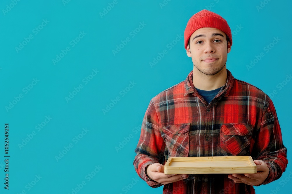Young man wearing a red beanie and plaid shirt holds a wooden tray against a vibrant blue background Young man wearing a red beanie and plaid shirt holds a wooden tray against a vibrant blue background
