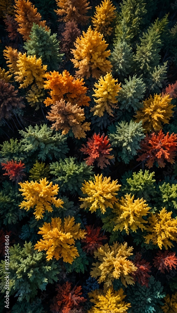 Aerial view of dense forest with vibrant autumn foliage. Aerial view of dense forest with vibrant autumn foliage.
