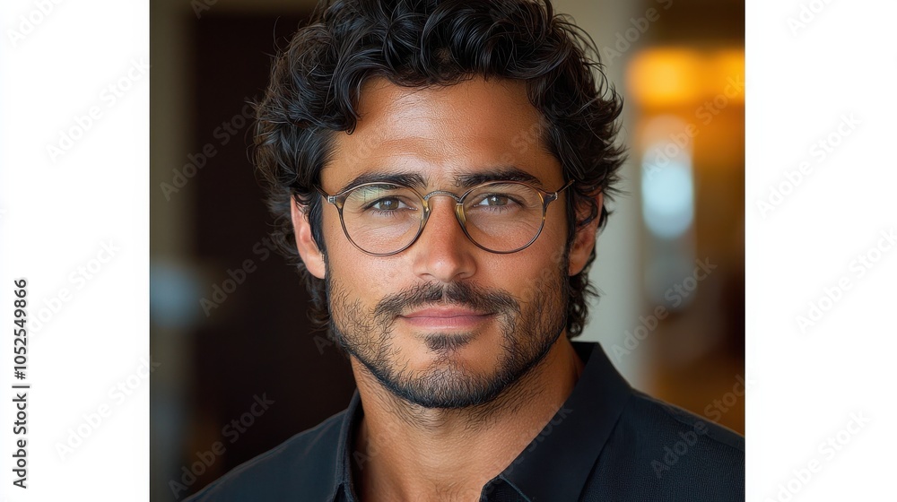 Obraz premium A man with curly hair and glasses smiling in a warmly lit indoor setting during a casual gathering