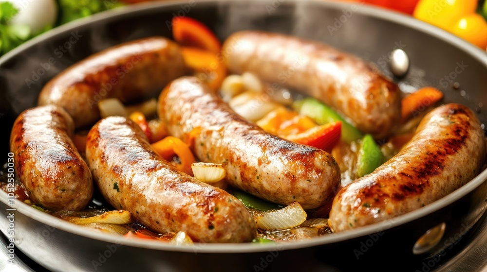 Sizzling Sausages with Colorful Vegetables in Pan Sizzling Sausages with Colorful Vegetables in Pan