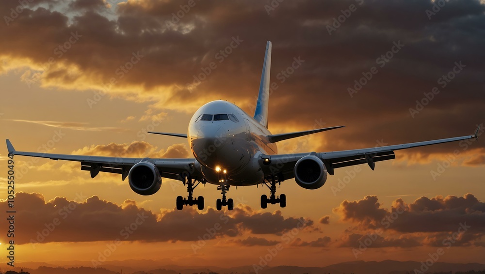 Airplane taking off at sunset. Airplane taking off at sunset.