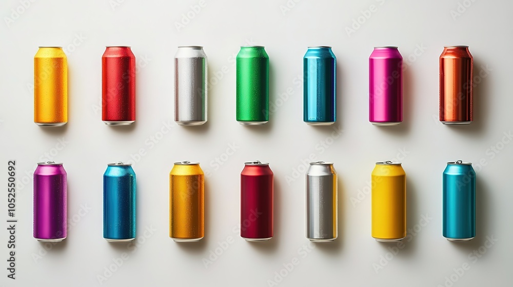 An artistic arrangement of colorful cans of different shapes and sizes on a white background, capturing the essence of modern packaging design and the variety available in today's beverage market An artistic arrangement of colorful cans of different shapes and sizes on a white background, capturing the essence of modern packaging design and the variety available in today's beverage market