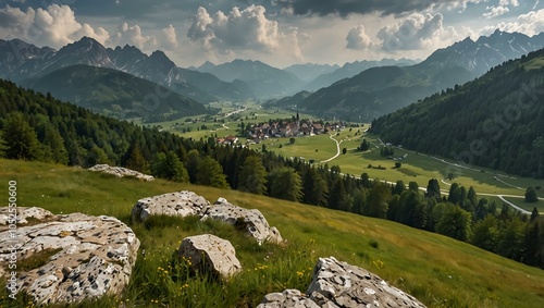 Alpine landscape in summer, cloudy day, from Ehrenberg Castle ruins, Austria. photo