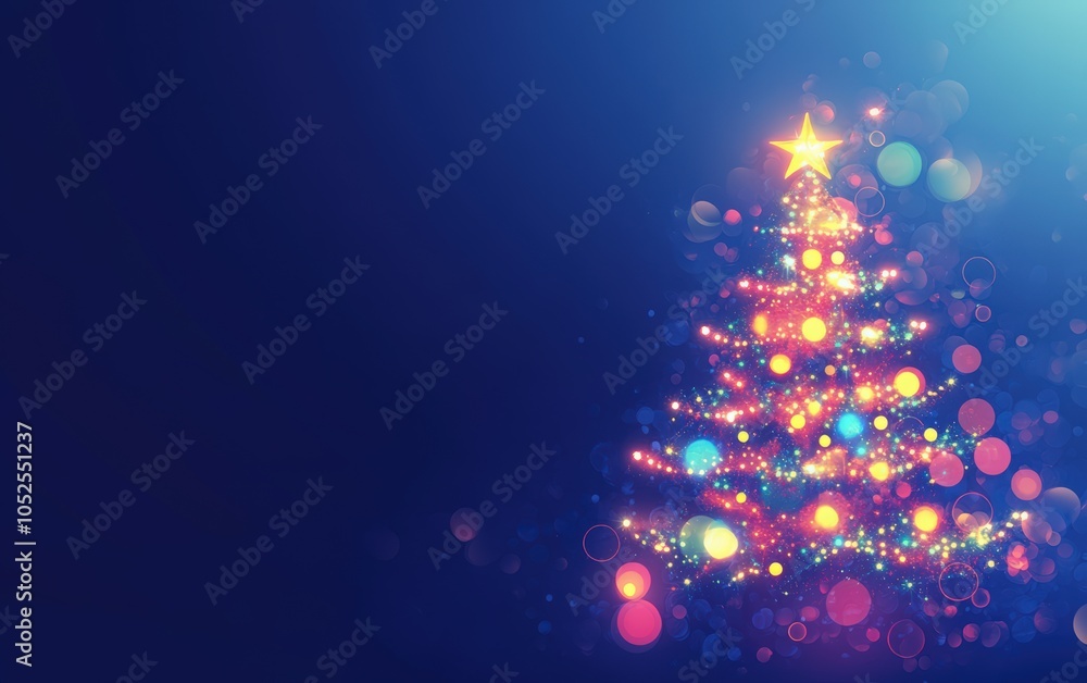 Christmas tree neon light and a bokeh effect on a blue background. Abstract illustration of a New Year's celebration, party, or holiday greeting card design. Merry Christmas Christmas tree neon light and a bokeh effect on a blue background. Abstract illustration of a New Year's celebration, party, or holiday greeting card design. Merry Christmas