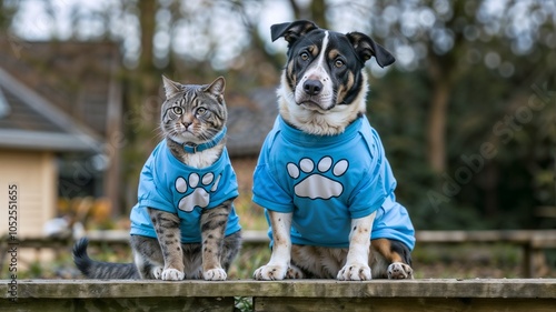 Fashionable dog and cat wearing matching blue shirts posing together outdoors, showcasing friendship and style, copy space