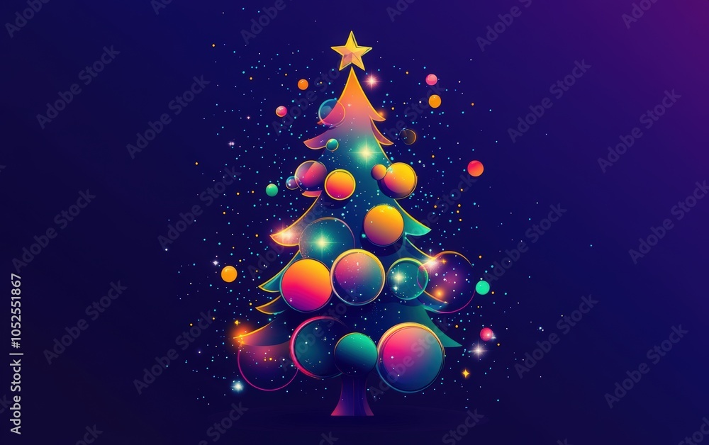 Christmas tree neon light and a bokeh effect on a blue background. Abstract illustration of a New Year's celebration, party, or holiday greeting card design. Merry Christmas Christmas tree neon light and a bokeh effect on a blue background. Abstract illustration of a New Year's celebration, party, or holiday greeting card design. Merry Christmas
