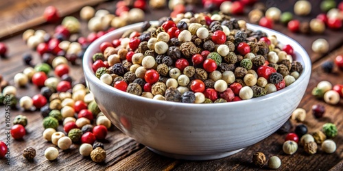 A vibrant mix of white, black, and red peppercorns in a rustic bowl. Generative AI