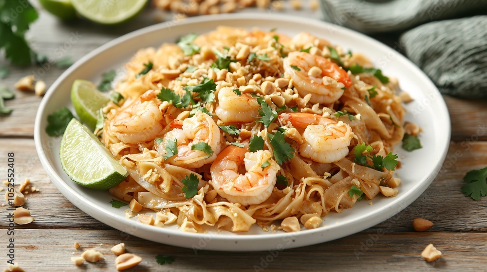 Classic Pad Thai with shrimp, isolated on a white ceramic plate, garnished with crushed peanuts, lime wedges, and cilantro on a wooden background Classic Pad Thai with shrimp, isolated on a white ceramic plate, garnished with crushed peanuts, lime wedges, and cilantro on a wooden background