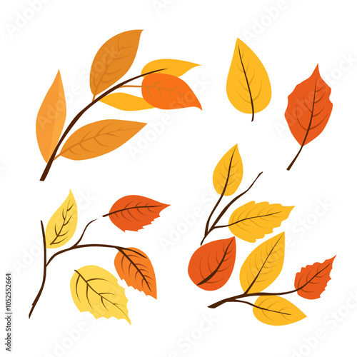 Set of vector autumn yellow dry leaves. Clipart is on white background. Isolated flat illustration with brown plants for design, greeting card, banner, board, flyer, sale, poster