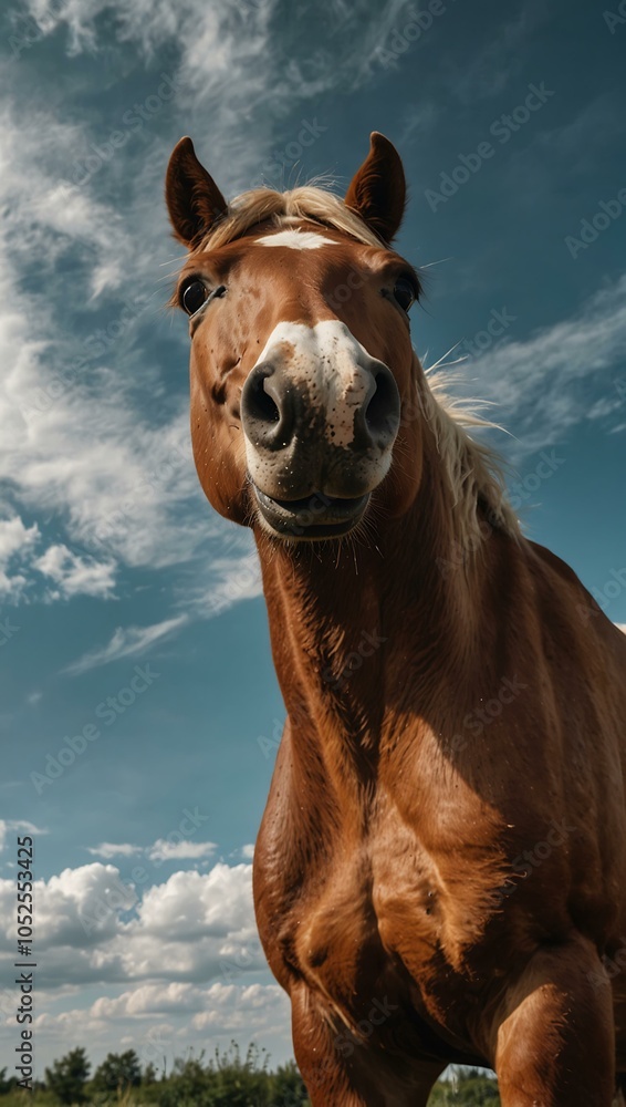 Fototapeta premium Bottom view of a horse against the sky.