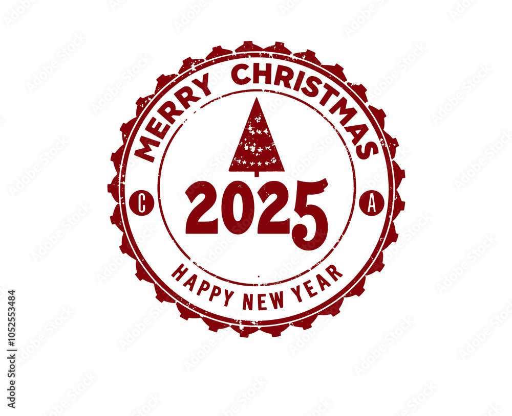 Obraz premium Merry Christmas and Happy New Year 2025! Round Vintage Stamp Design with Christmas Tree, Snowflakes, and Grunge Texture. distressed stamp Isolated on Transparent Background. PNG.