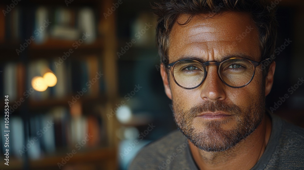 A man with glasses and a beard sits thoughtfully in a cozy library filled with books during the late afternoon A man with glasses and a beard sits thoughtfully in a cozy library filled with books during the late afternoon