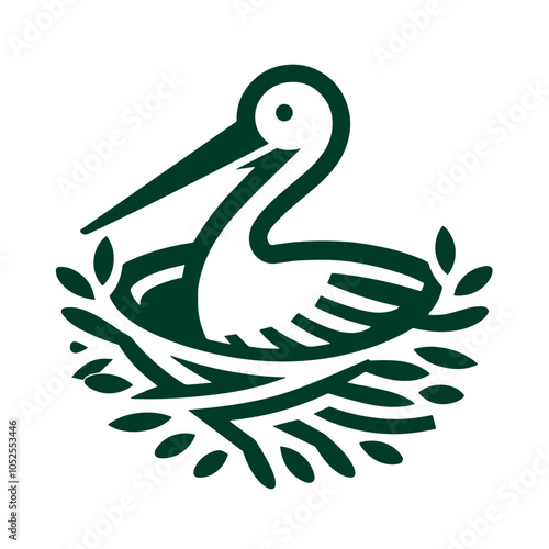 Stork in nest icon illustration in green color with twigs and leaves