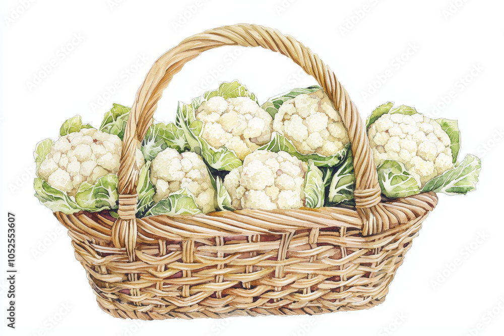 Obraz premium A wicker basket filled with fresh, green-leafed cauliflowers, showcasing their organic appeal and vibrant health.
